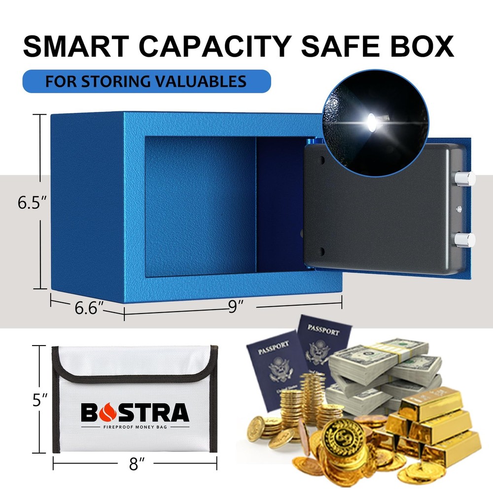 Botsa Fireproof Safe Box with Sensor Light Digital Keypad, Blue (6.6"x9"x6.5")