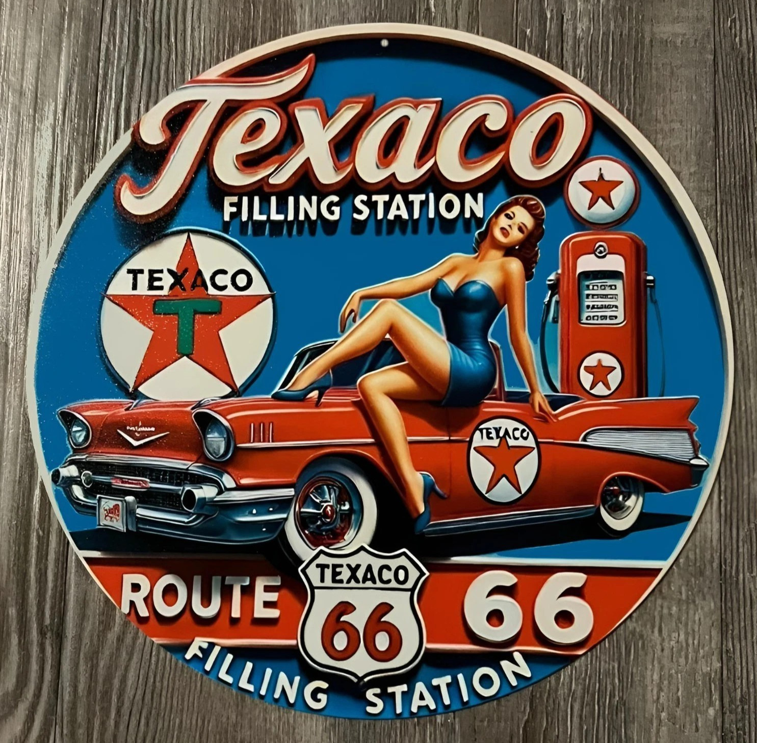 Route 66 Texaco Filling Station 12" Diameter Novelty Metal Sign Made In USA New!