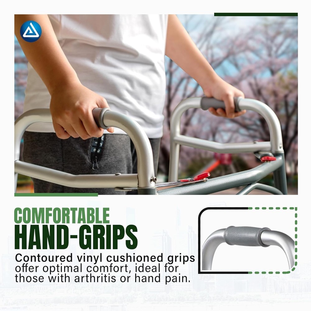 Junior Two-Button Folding Walker with Wheels has Tool-Free Adjustable Height