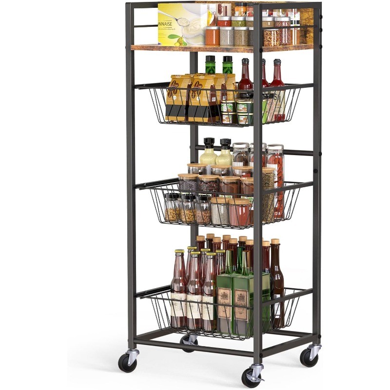 4-Tier Kitchen Rolling Storage Cart w/Pull-Out Baskets Microwave Table Stand