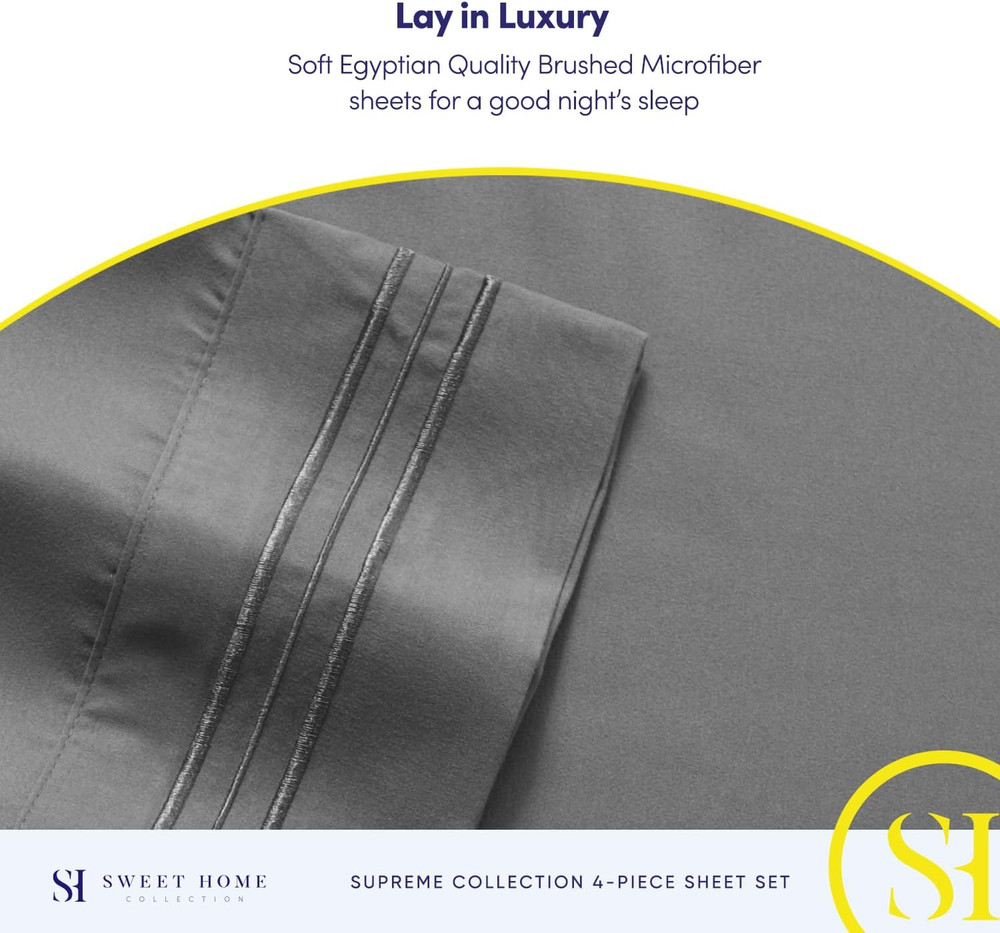 Queen Bed Sheets Set Gray Extra Soft Deep Pocket with Corner Straps