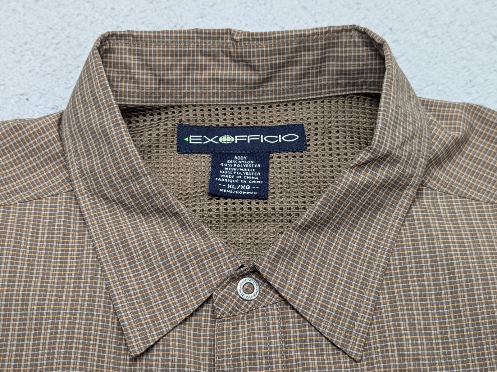 EX OFFICIO Shirt Mens XL XG Beige Check Lightweight Snap LS Mesh