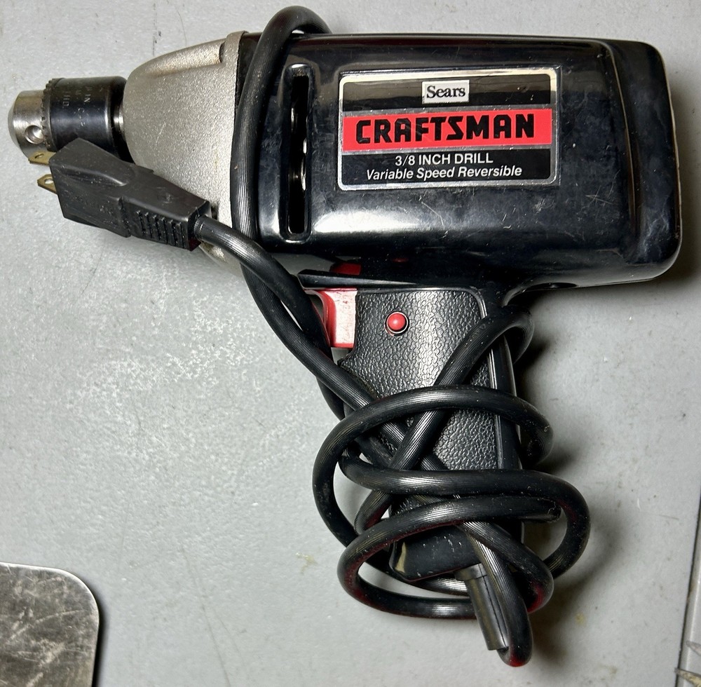 Sears Craftsman 3/8” Reversible Variable Speed Electric Drill w Bit Set CLEAN
