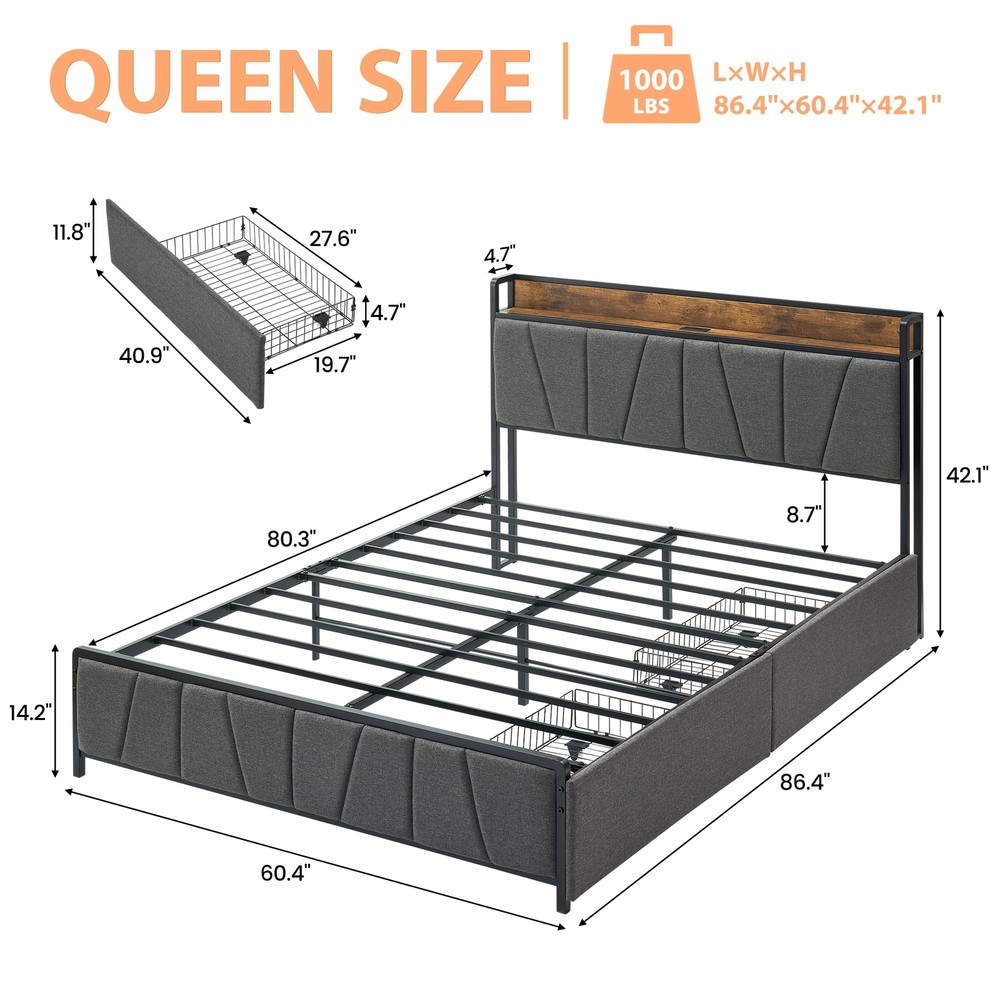 Queen Size Bed Frame Headboard Platform Bed Frame w/Drawers & Charging Station