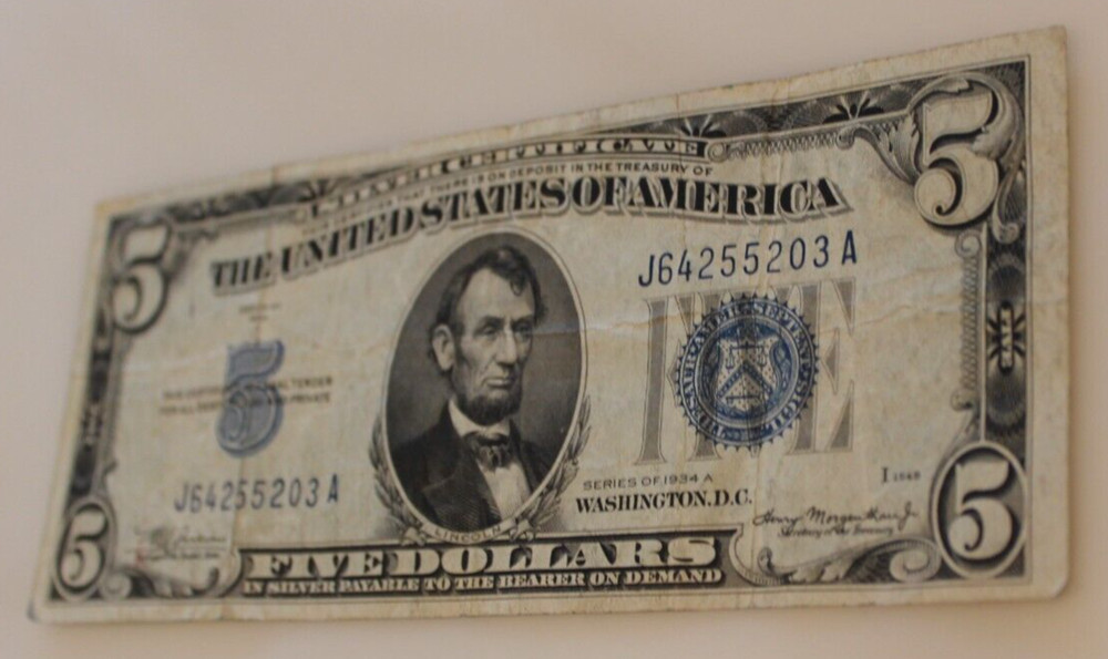 1934 A $5 SILVER CERTIFICATE *BLUE SEAL* CIRCULATED