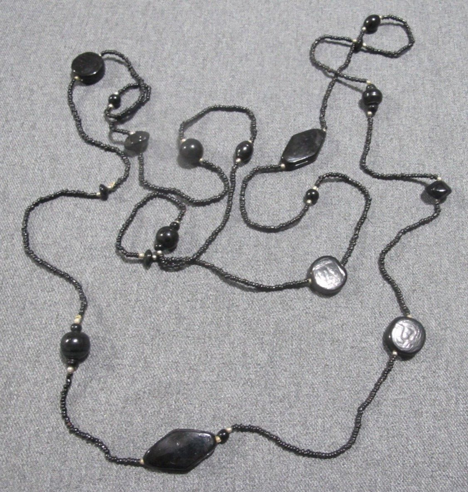 Vintage flapper style assorted black glass + tiny silvertone beaded necklace