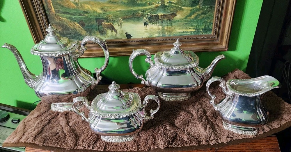 😎NICE! GORHAM ANTIQUE SHELL & GADROON SILVERPLATED 4pc COFFEE & TEA SET☕️🍵🍚🥛