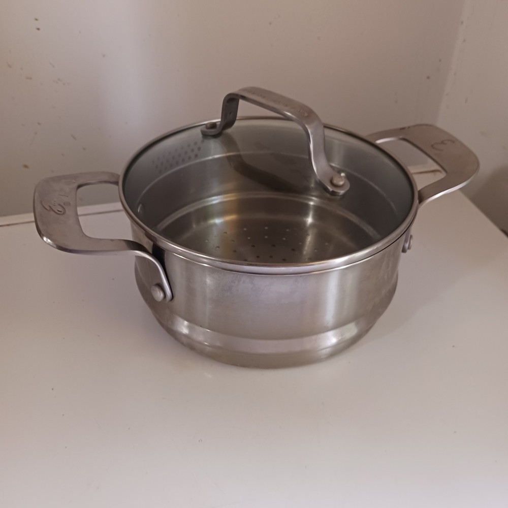 Emeril Stainless Strainer Steamer Pot Pan Insert Colander Double Handle 7.5"