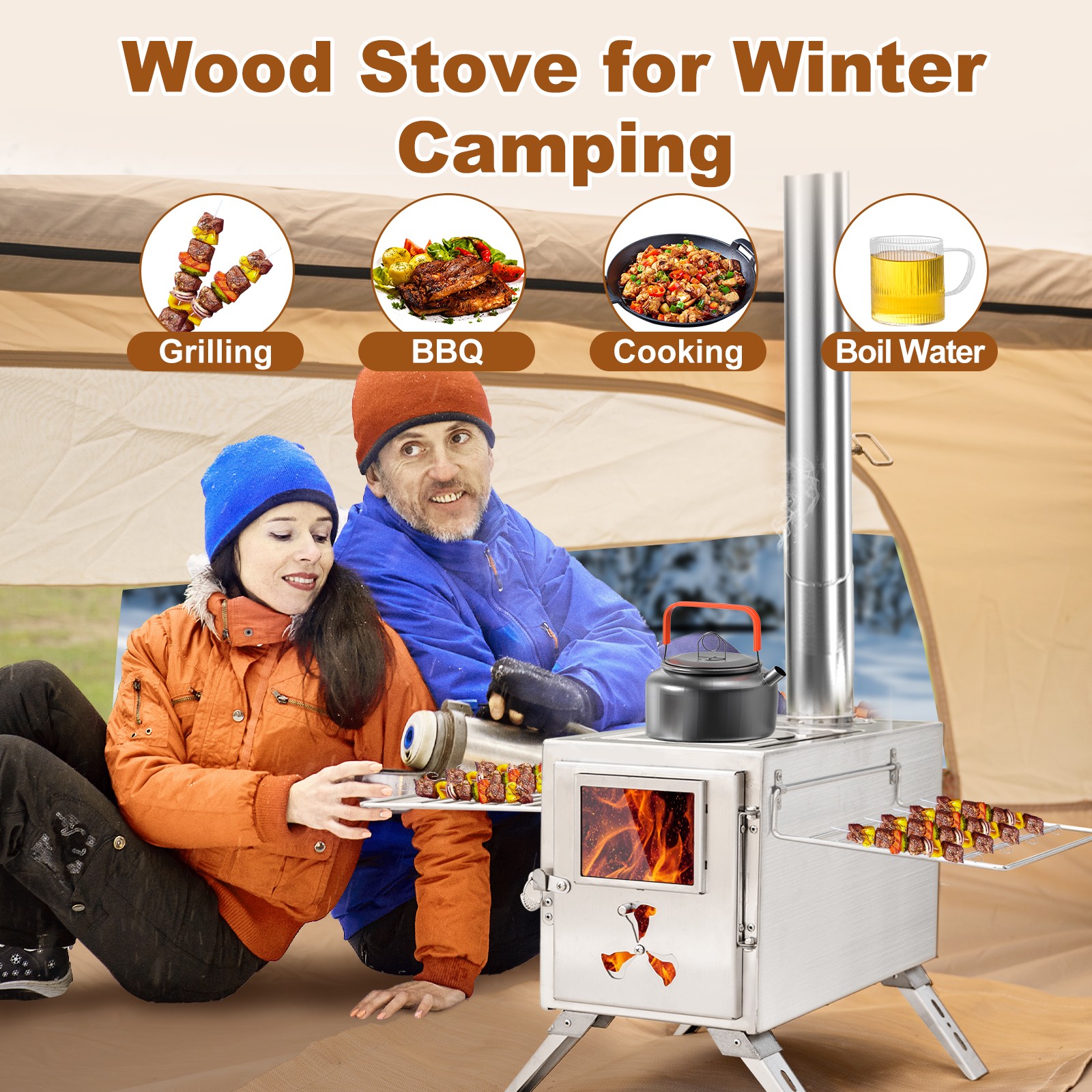 SLSY Portable Wood Stove Camping Hot Tent BBQ Stove 83 in with 7 Chimney Pipes