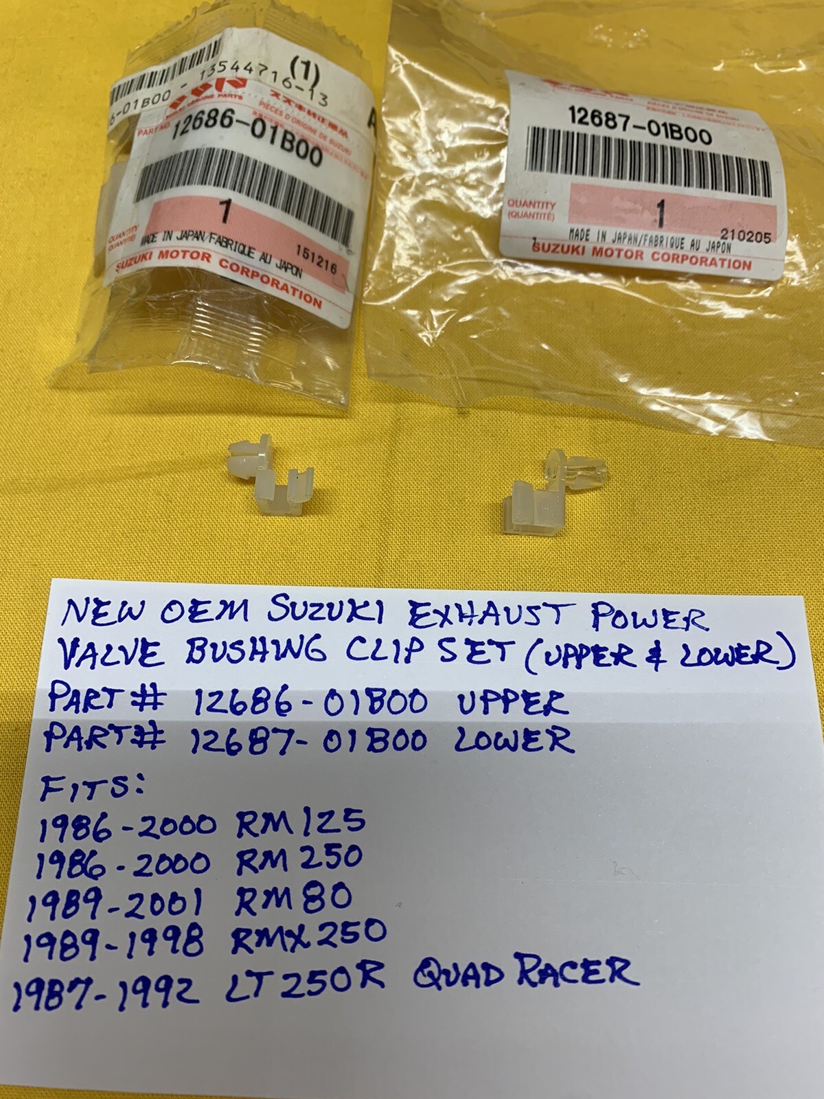 OEM SUZUKI Power Valve Rod Bushing Clip Set 12686-01B00 / 12687-01B00 AHRMA