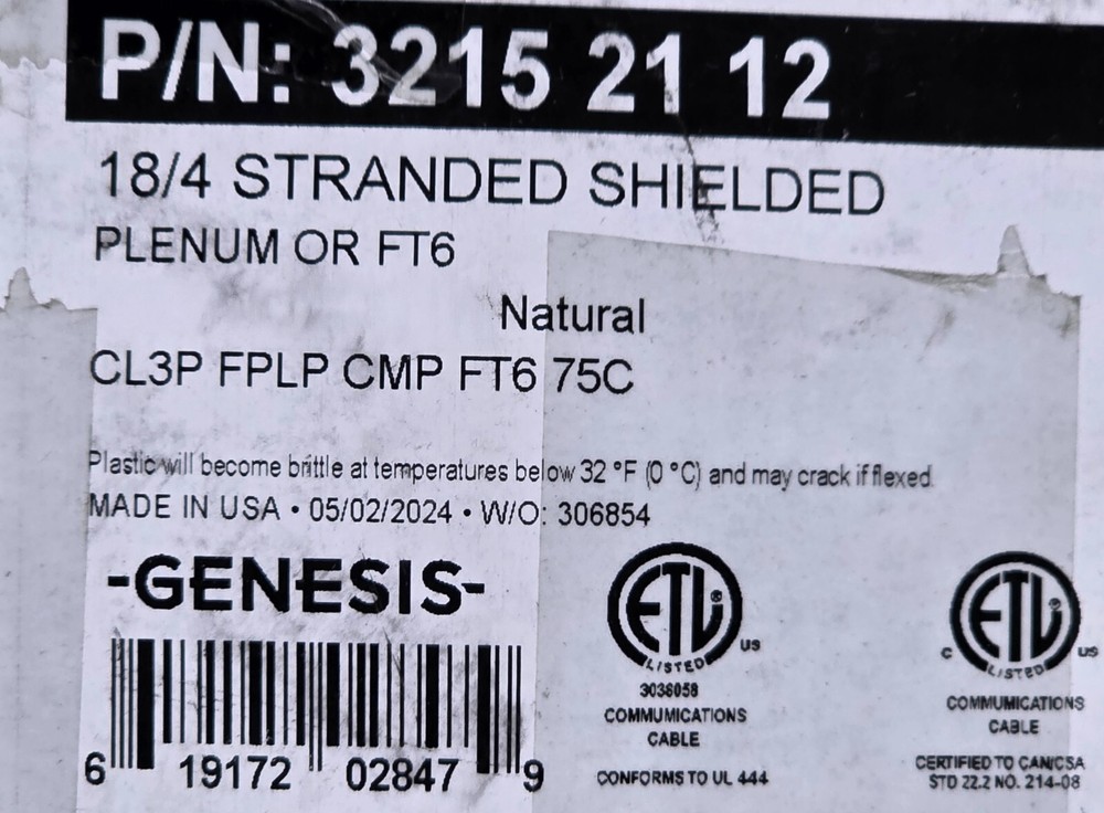 Honeywell Genesis 3215 18/4C Plenum Shielded Security/Control Cable White /50ft