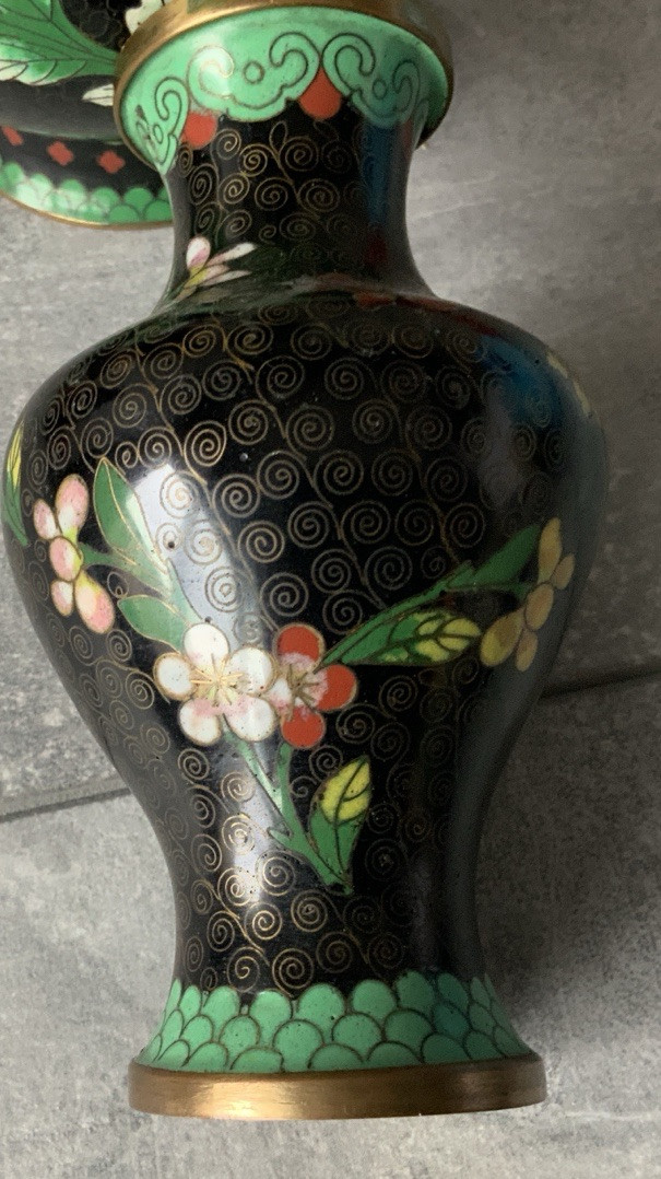 Lot Of 4 CLOISONNE Noir Enamel On Brass Variety Shapes Vases Vintage & Antique