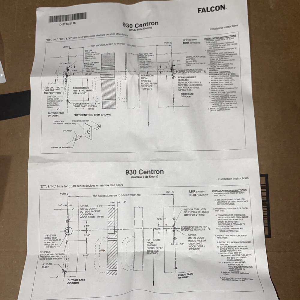 Brand New-Open Box-Falcon 920NL RHR SP28 Device Pull Trim -See Description-