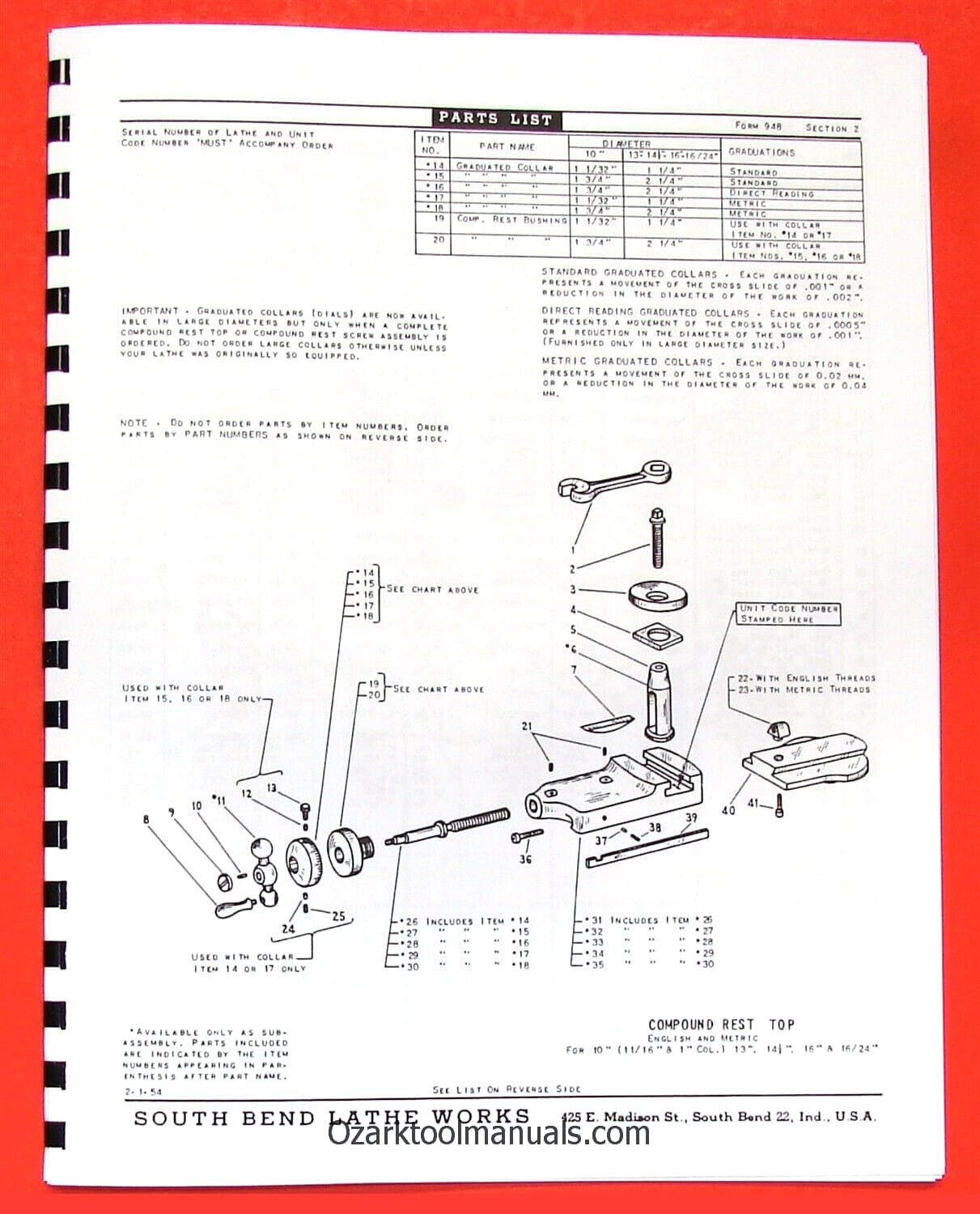 SOUTH BEND 10" 13" 14.5" 16" & 16/24" Metal Lathes Parts Manual 0664
