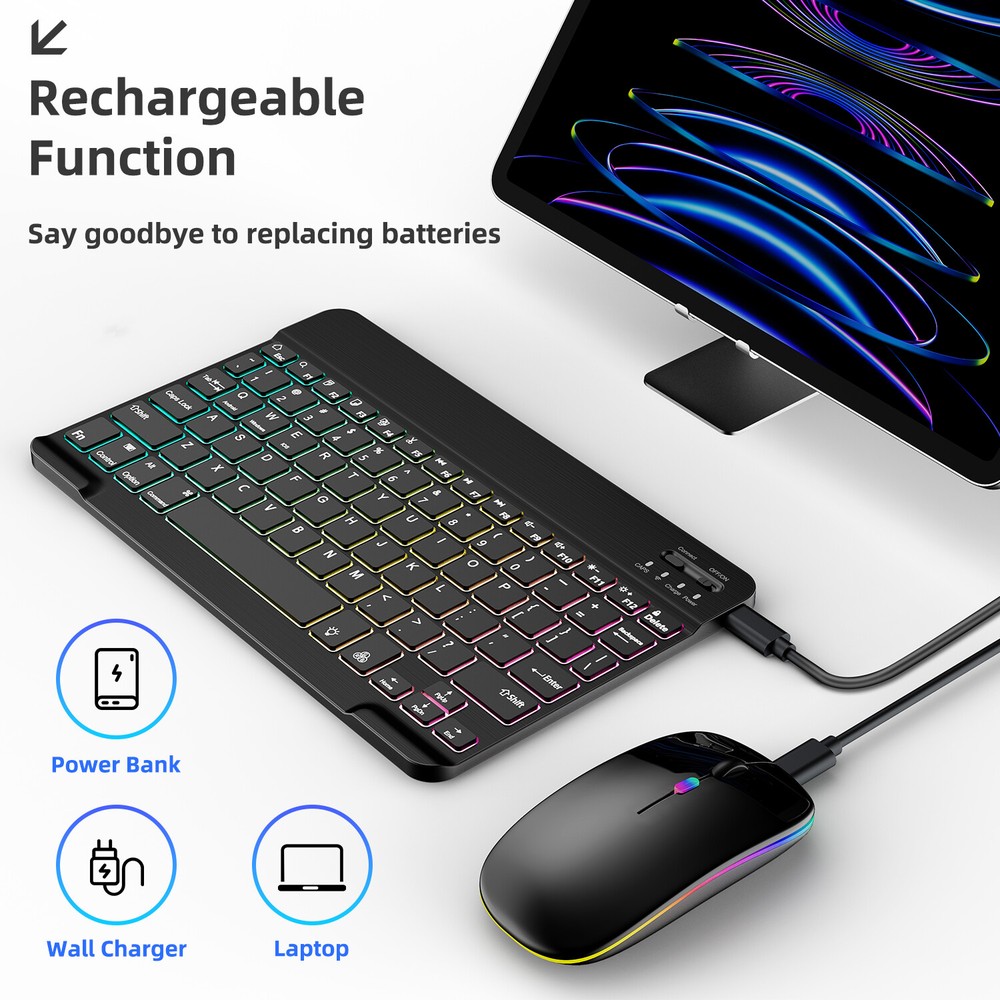Universal RGB Backlit Keyboard and Mouse Combo - Wireless via Bluetooth for iPad