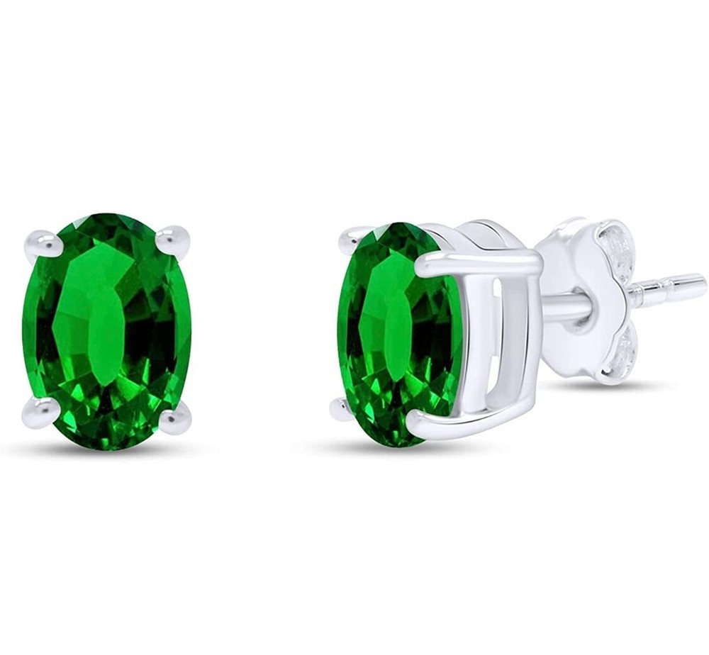 2.00 CTTW Solid .925 Sterling Silver Lab Created Oval Emerald Studs