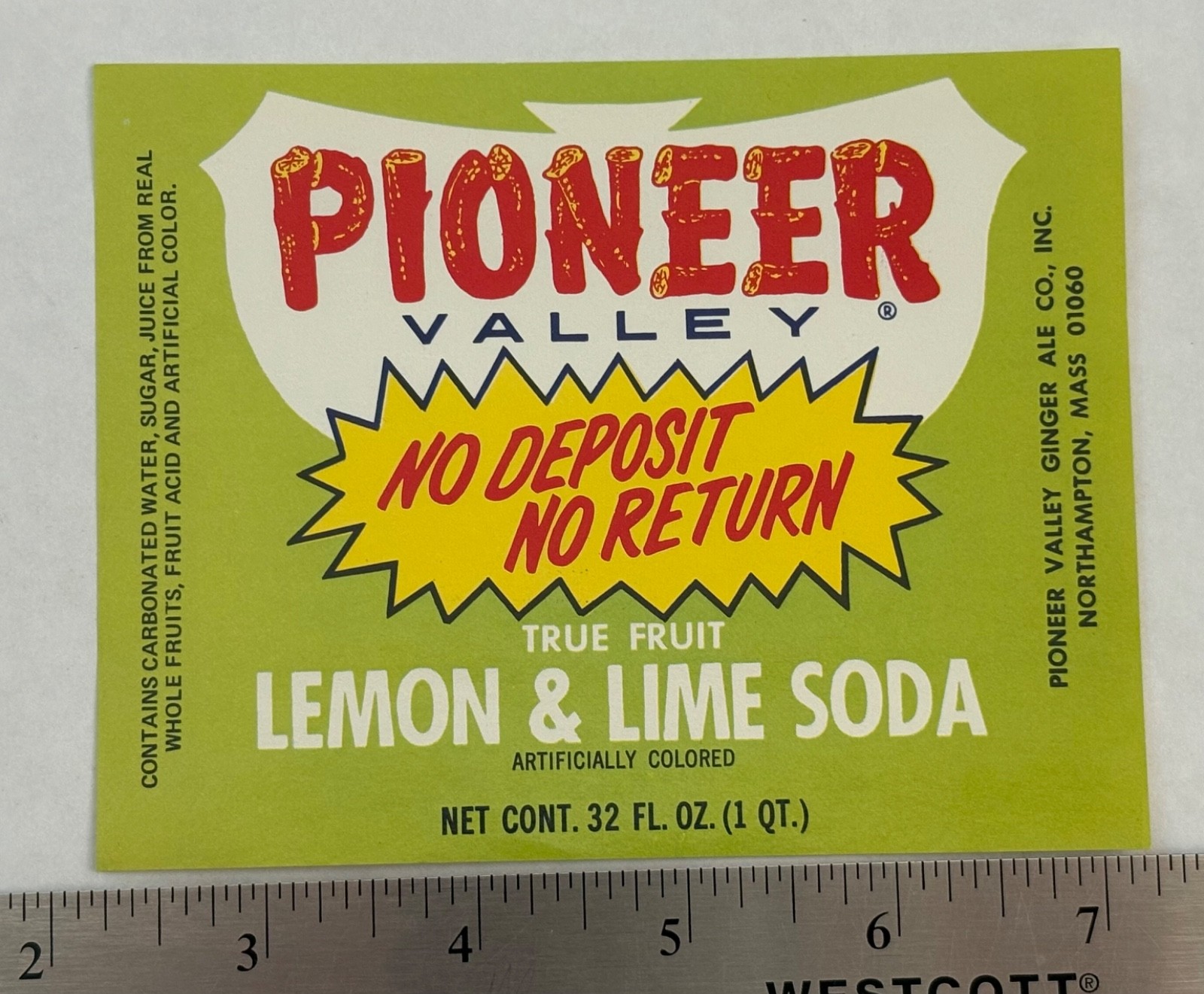 Original Pioneer Valley True Fruit Lemon & Lime Soda Label Northampton Mass New