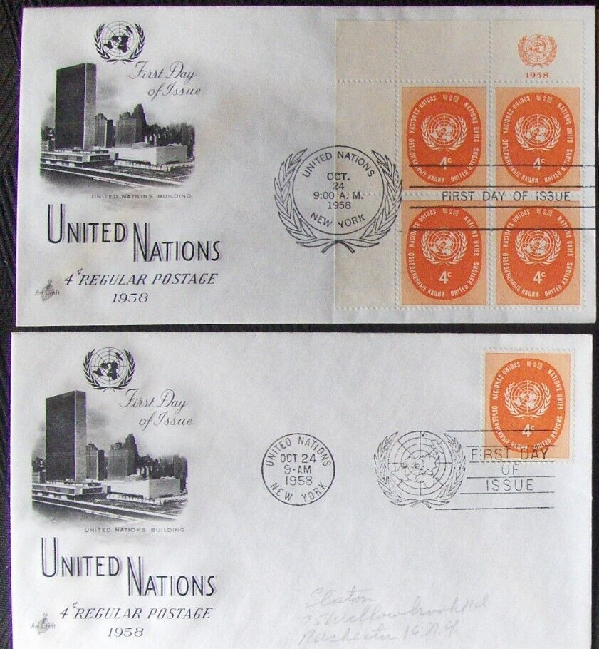 United Nations 2  different FDC  4¢ REGULAR POSTAGE, NY 1958.