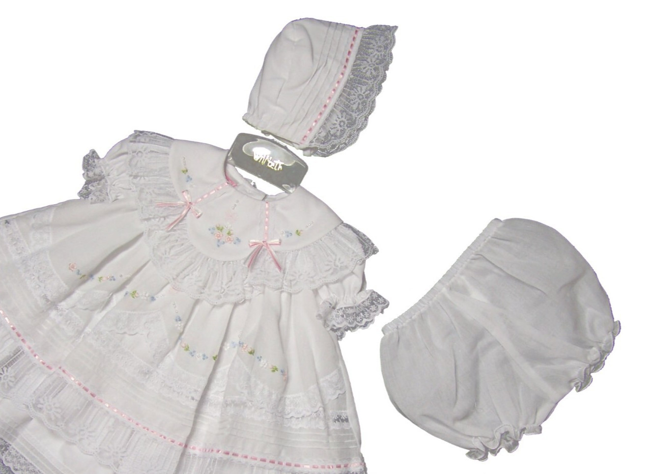NWT Will'beth White Fancy Lace Dress 3p Set Preemie Bonnet Bloomers Baby Girl 00