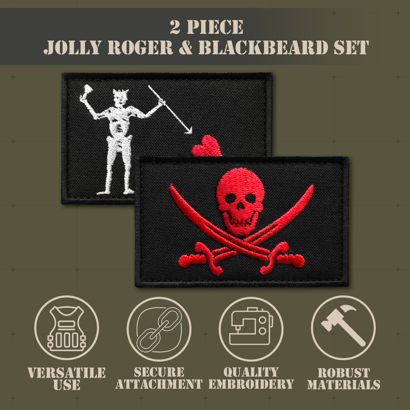 2Pcs Jolly Roger & Blackbeard Edward Teach Patch, Embroidered Pirate Skull