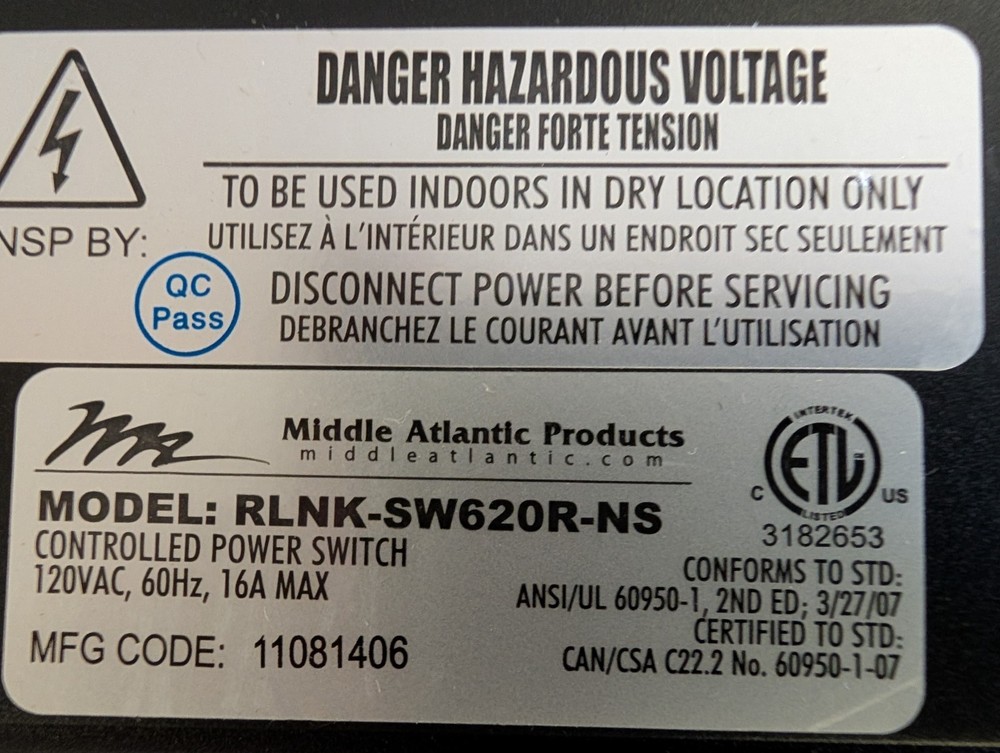 Middle Atlantic RLNK-SW620R Controlled Power Switch Rackmount