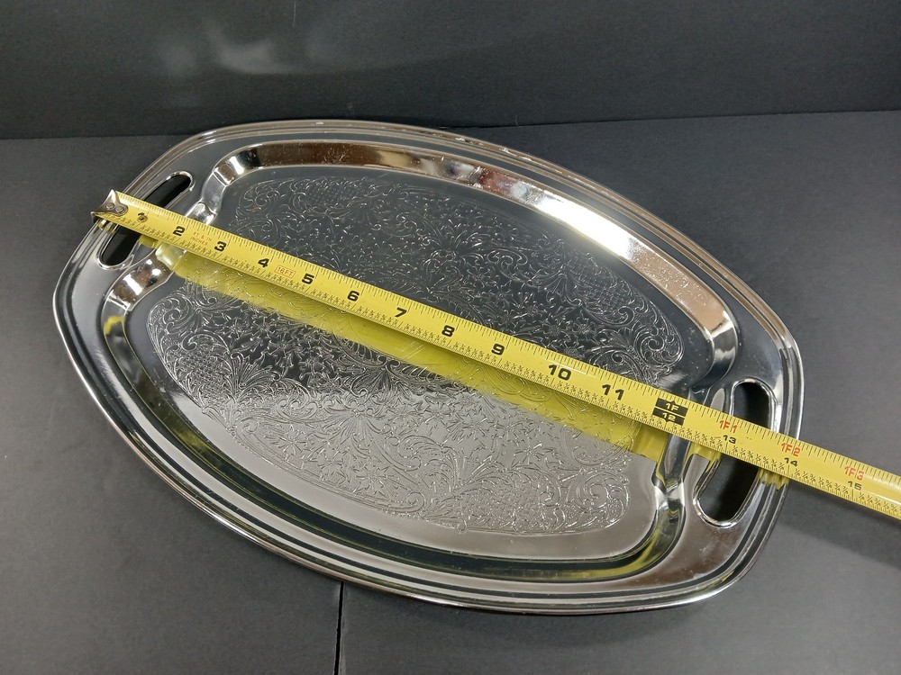 Vintage Chrome-plated Oval Serving Tray w/ Decorative Engraved Ornate Detailing