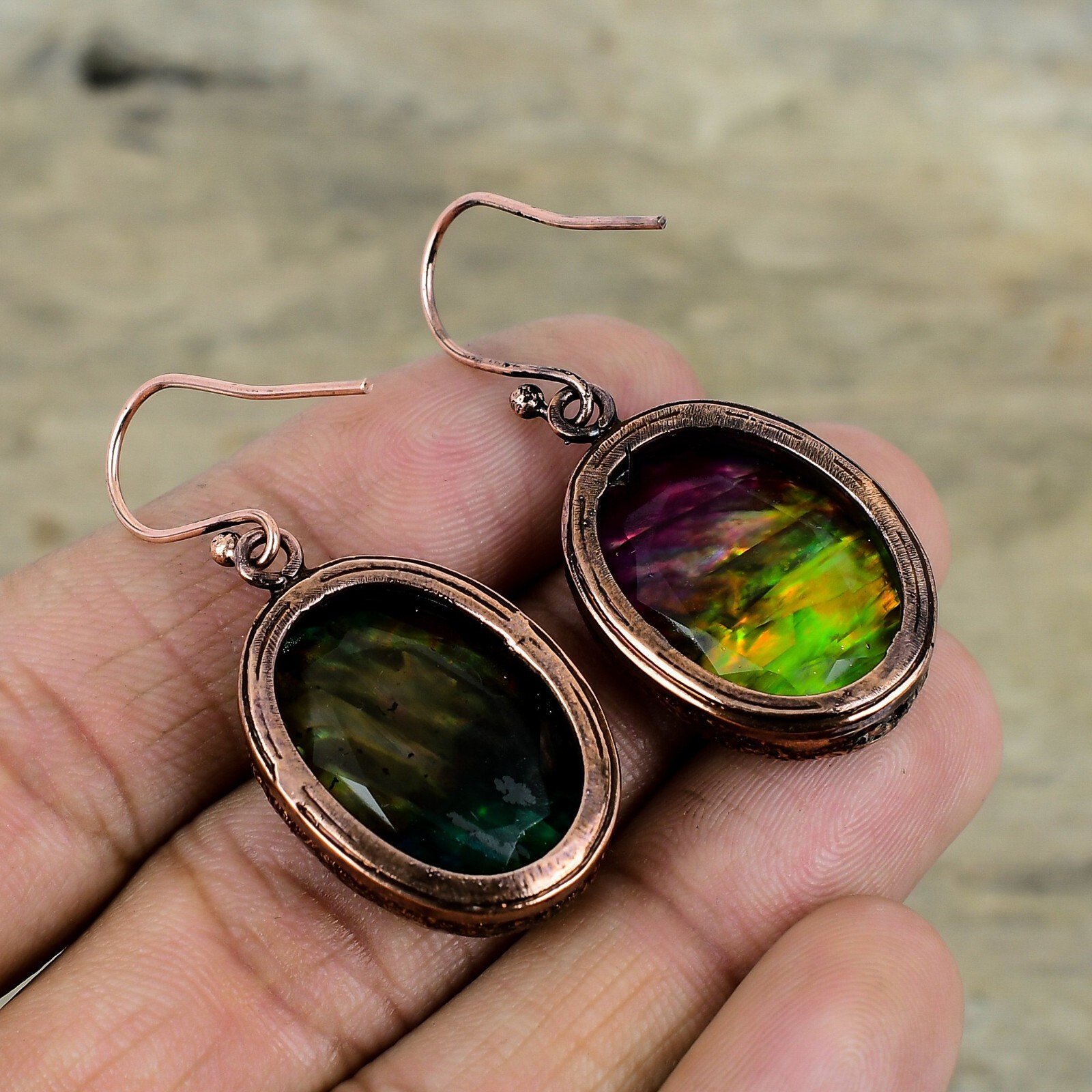 Ammolite Jewelry Copper Friend Gift Electroformed Drop/Dangle Earrings 1.85"