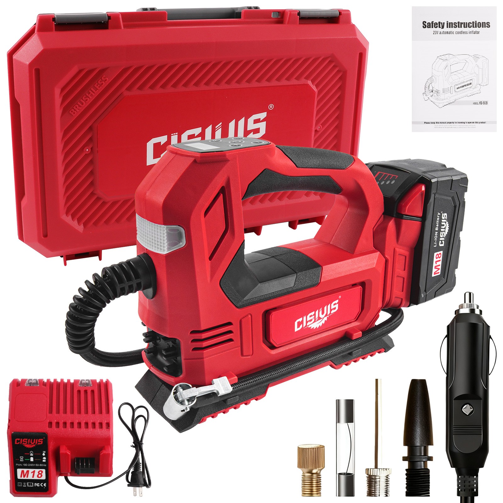 Cisivis Cordless Tire Inflator Pump For Milwaukee M18 Bettery With Car charger