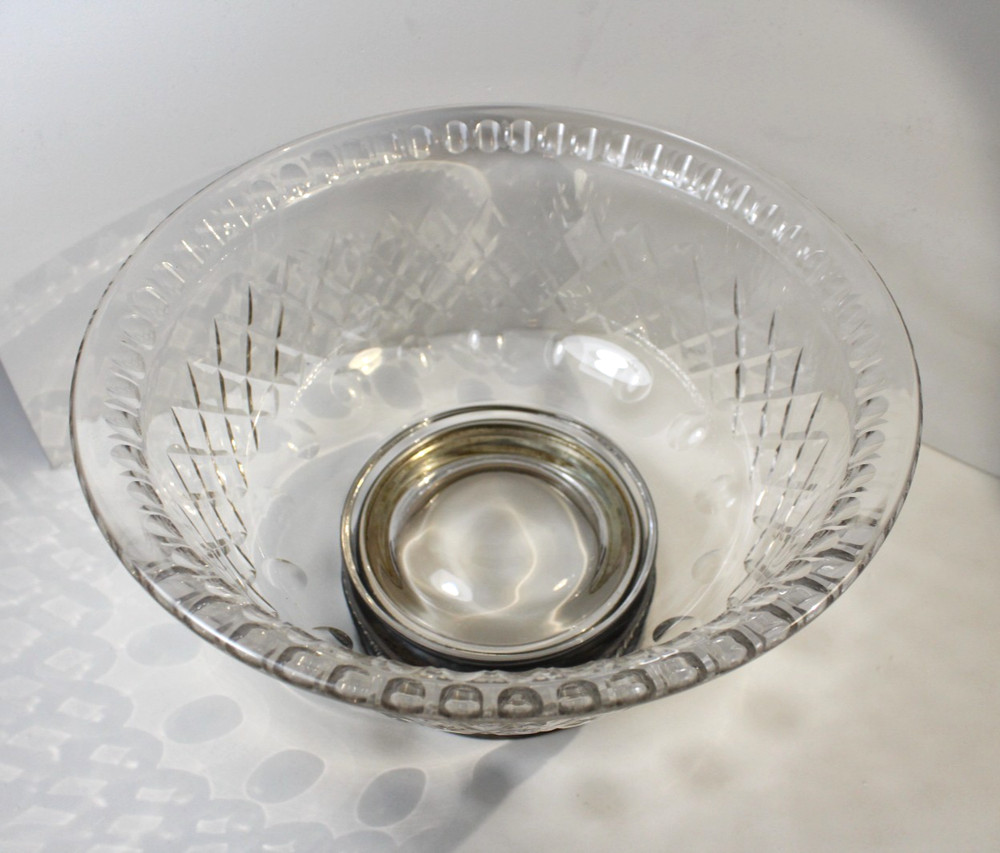 Lg Vintage Cut Crystal Bowl Footed Base Solid Sterling Silver Base Serving Fruit
