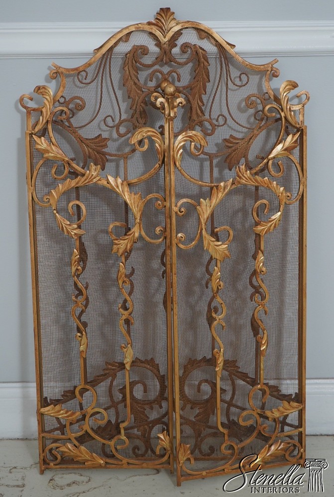 F72220: Vintage Three Panel Iron Frame Gold Painted Fireplace Screen