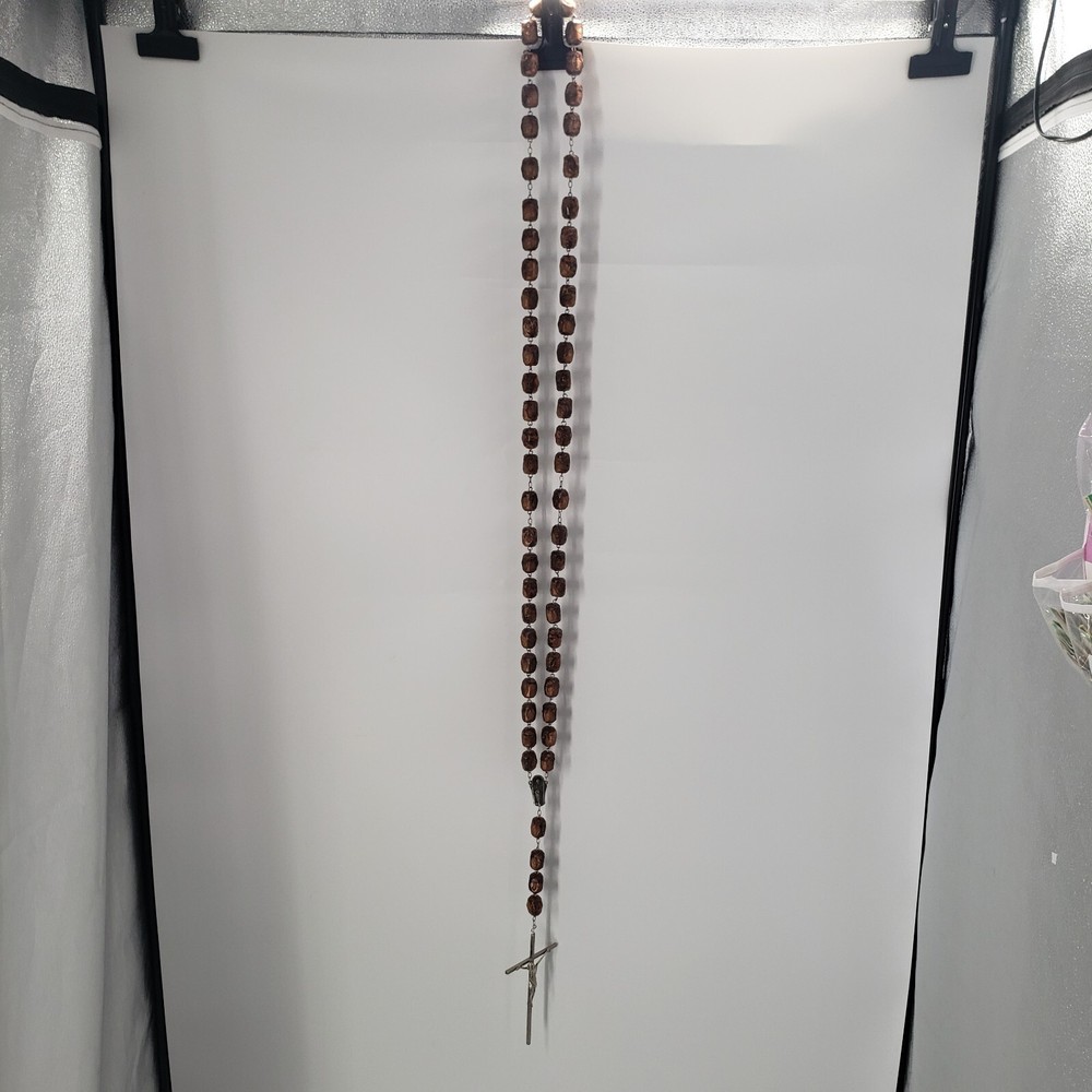 Saint Benedict Catholic Rosary Brown Bead Silver Cross 60" Gigantic Handmade