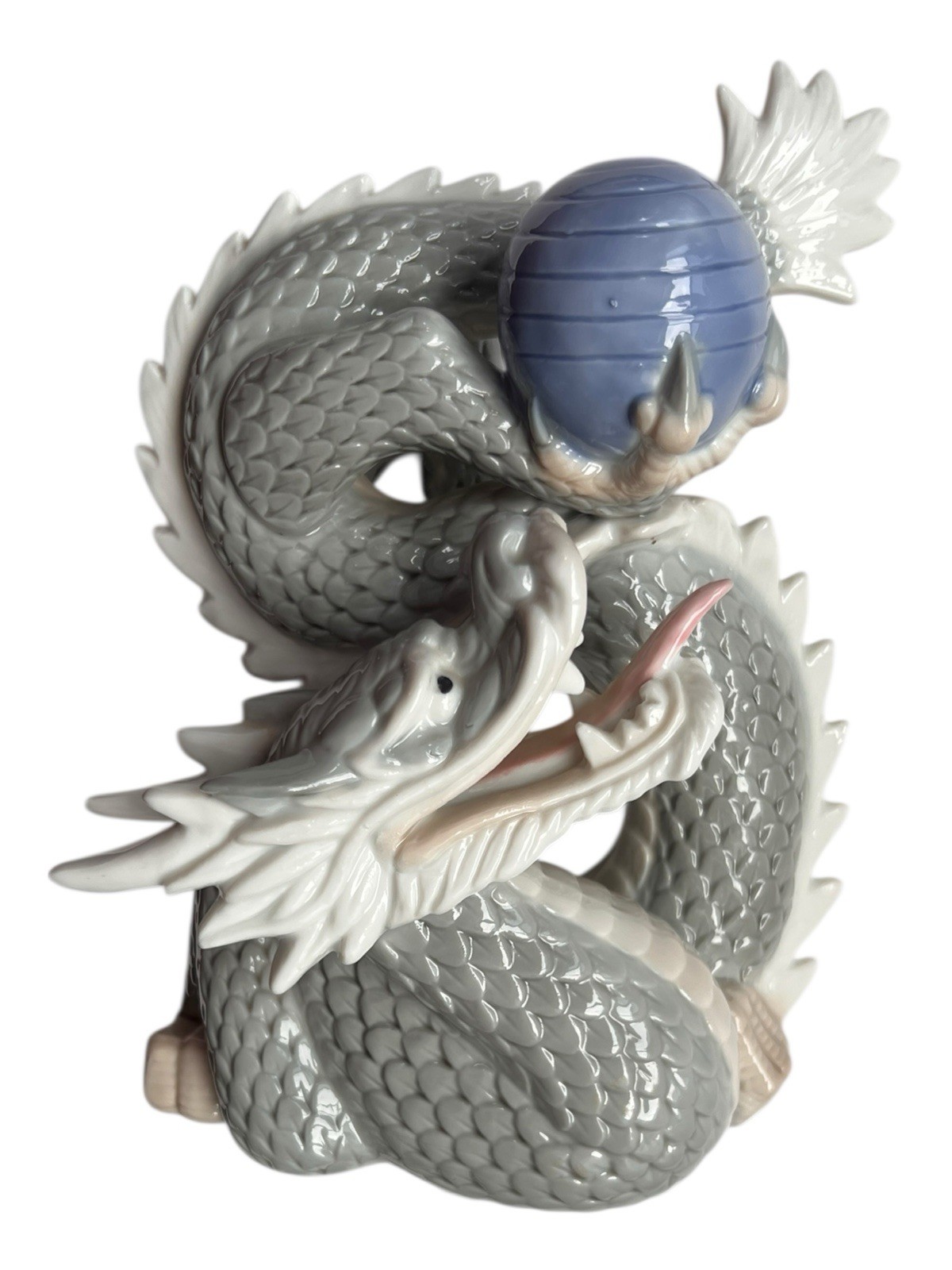 Dragon Yoshimi K Foo Porcelain Figurine w/Ball Japan 8”T 5.5”L Vintage Blue/Gray