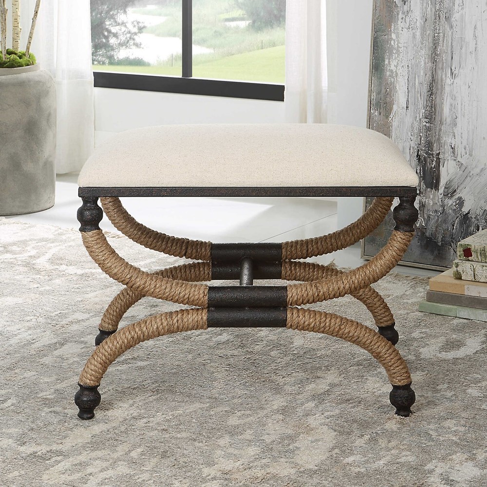 NEW ICARIA RUSTIC INSPIRED BENCH IRON BASE ROPE DETAILS UTTERMOST 23741