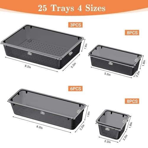 25 PCS Plastic Drawer Organizer Set, 4-Size Versatile Organizer Clear Black