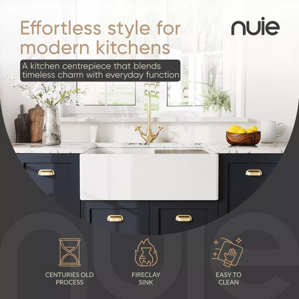 Nuie Fireclay Kitchen Sink with Ledge, Grid & Cutting Board 33x19x10"