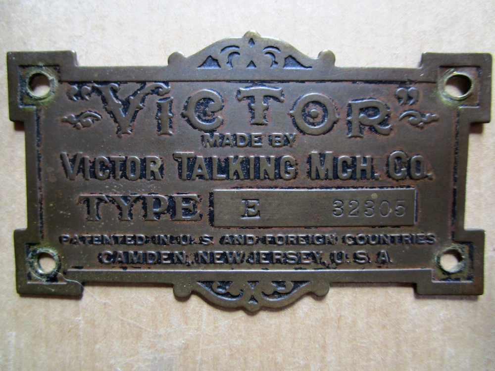 Victor Type E Talking Machine Phonograph ID PLATE for External Horn Victrola