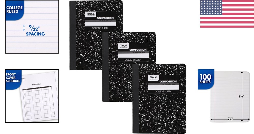 Versatile Black Marble Composition Notebooks, 3 Count, Ideal for Journaling