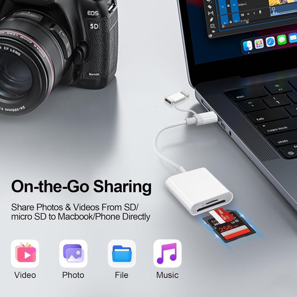 SD Card Reader for iPhone iPad Mac, USB C & Lightning Dual Connector Digital Cam
