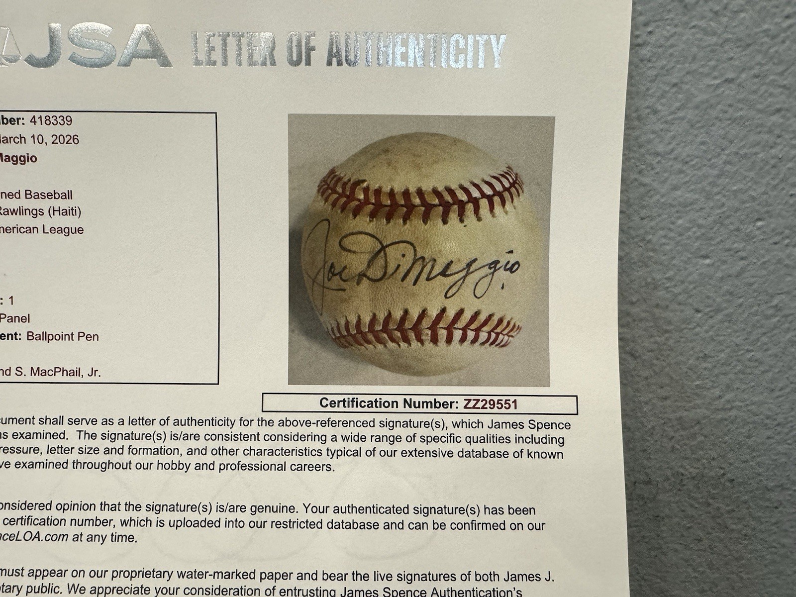 Joe DiMaggio Autographed Rawlings Baseball JSA COA ZZ29551