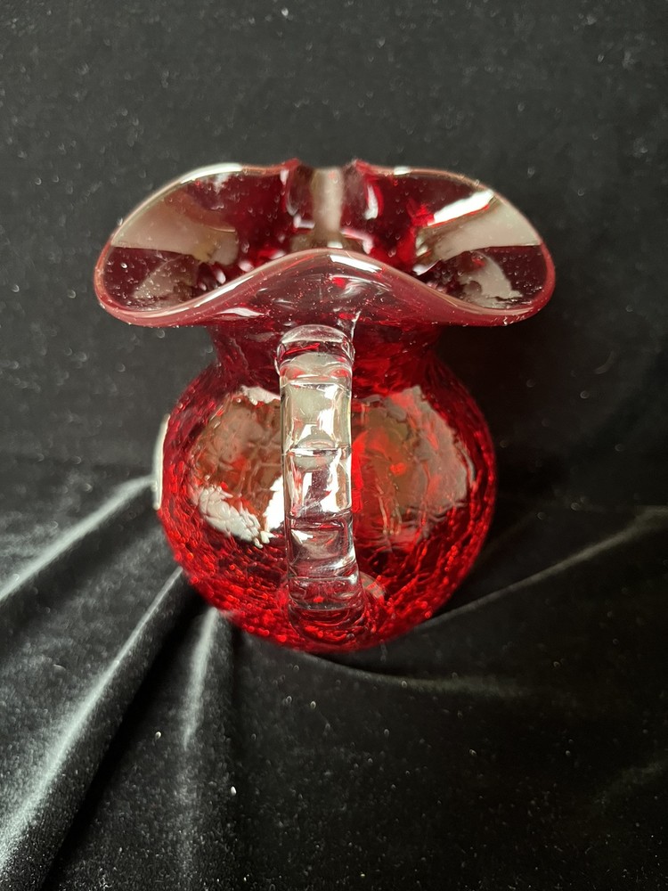 Hand Blown Rainbow Glass Ruby Red Crackle GlassPitcher w/Applied Clear Handle