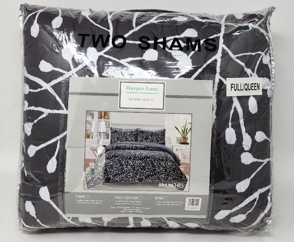 Harper Lane Full/Queen Quilt Set Crushed Microfiber Branches 3-piece Graphite