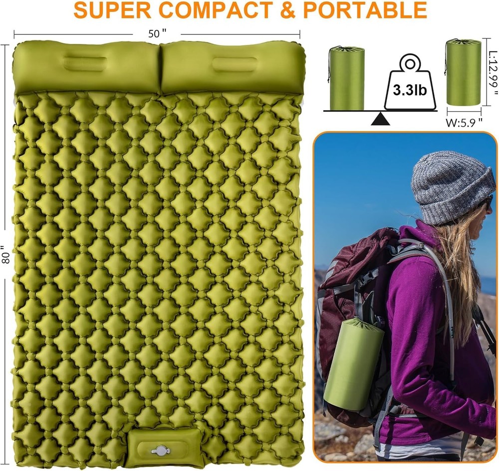 Double Sleeping Pad 4" Extra-Thick Self Inflating Sleeping Mat for 2 Person
