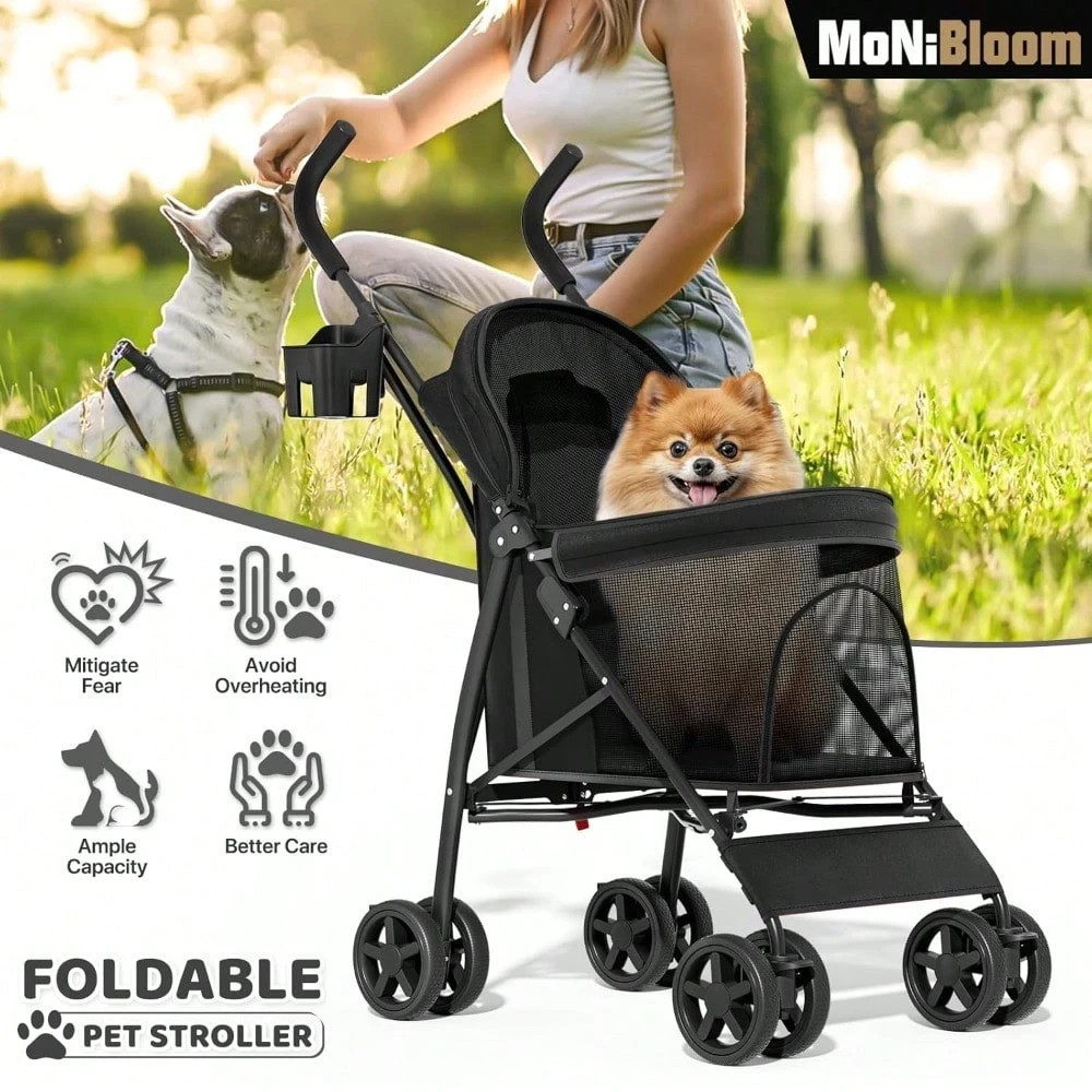 Foldable 4-Wheel Pet Stroller For Small Medium Pets Black