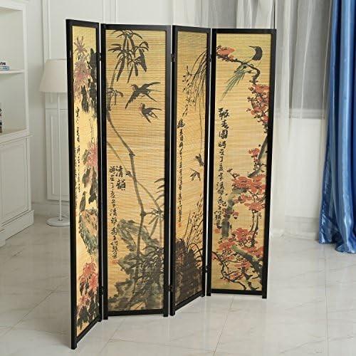 MyGift 4 Panel Folding Room Divider Bamboo Screen Calligraphy Black Frame