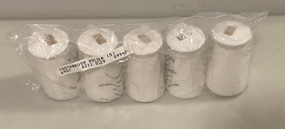 Five Tupperware White Weighted Bottom Toothbrush Holders NEW NIP