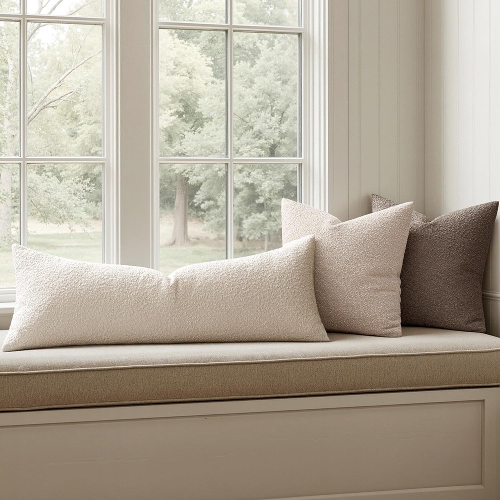 Textured Boucle Throw Pillow Cover Beige Accent Solid Lumbar Pillow Case Deco...