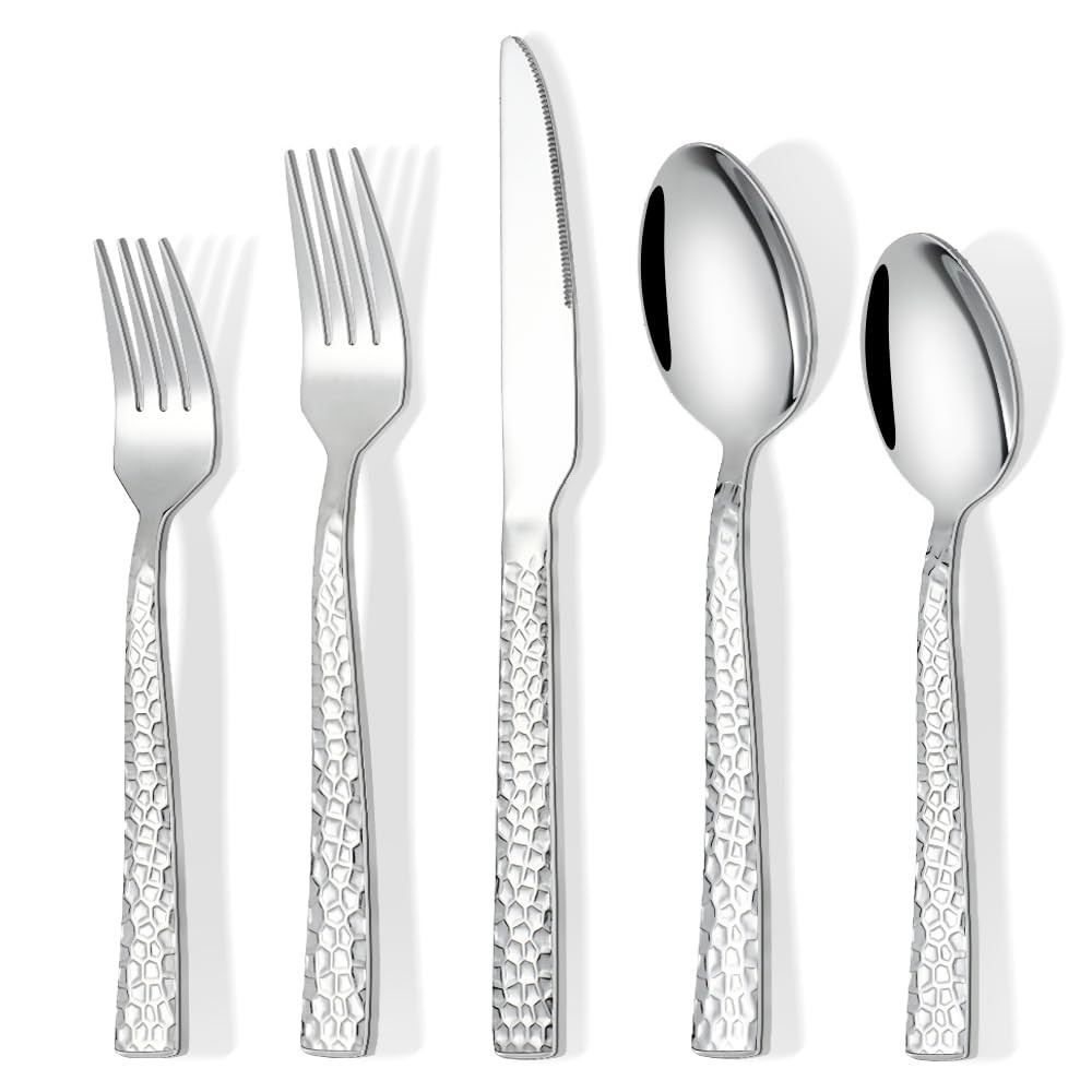 60 Piece Silverware Set for 12, Stainless Steel Hammered Flatware Set, Kitche...