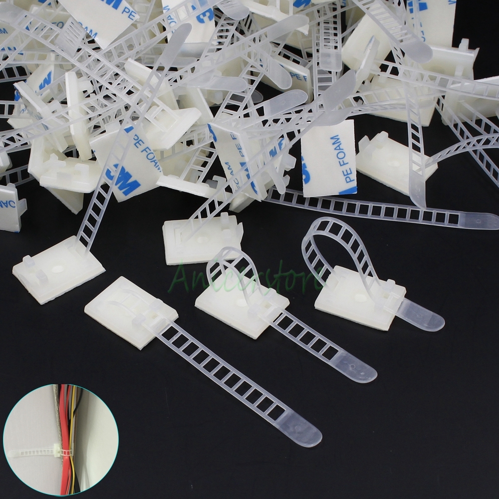 50x Self Adhesive Adjustable Wire Fixing Clamp Cable Tie Mount Plastic Sticker