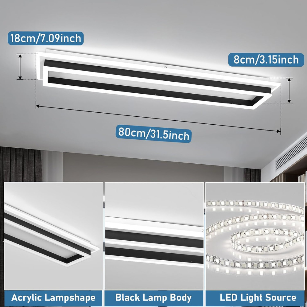 Dimmable LED Ceiling Light with Remote - Modern 31.5" Linear Flush Mount