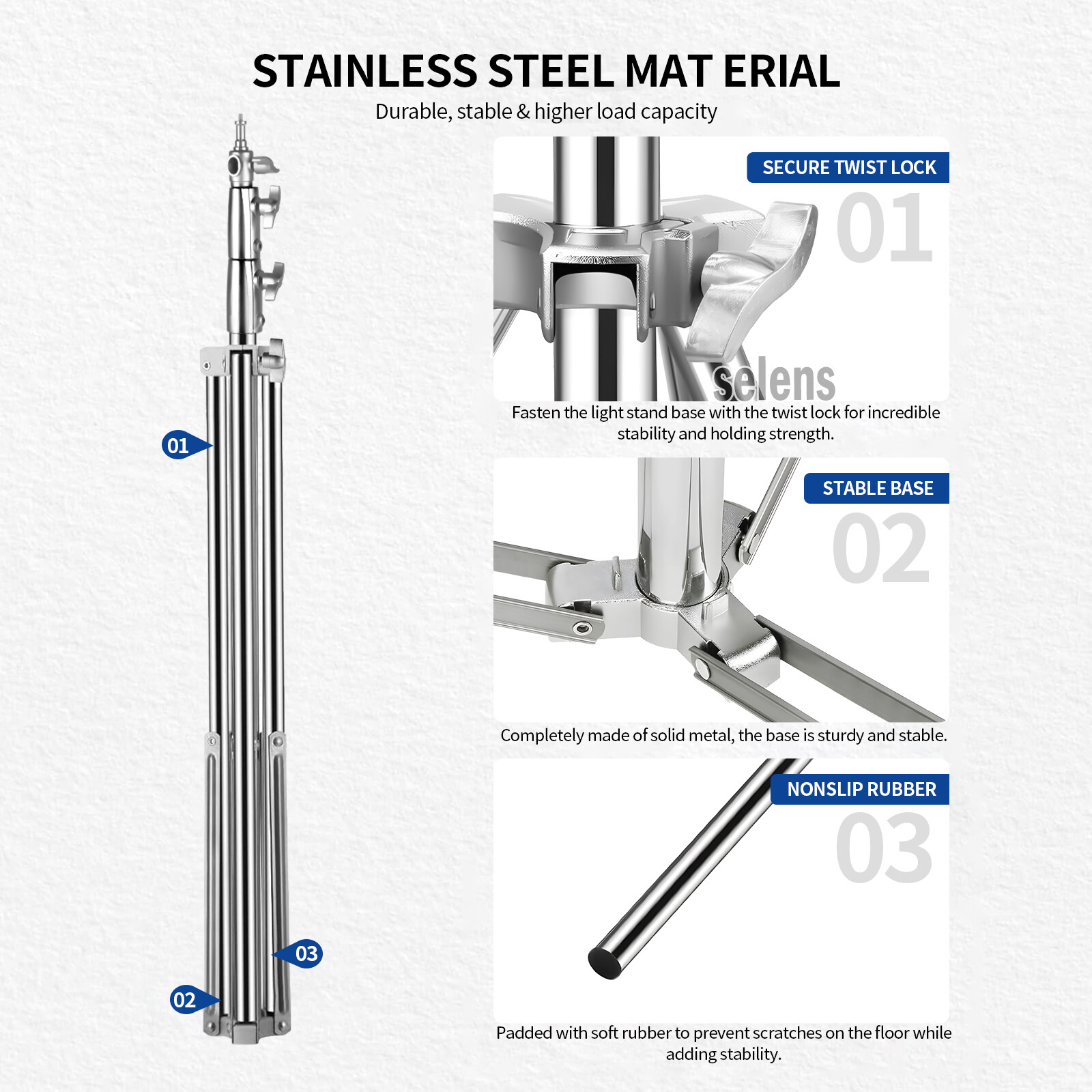 2PCS Heavy Duty Light Stand Tripod Spring Damped Stainless Steel 9.2ft